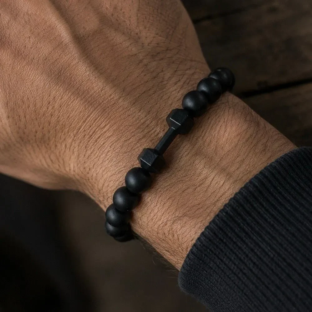 Men’s Black Beaded Dumbbell Stretch Gym Fitness Bracelet